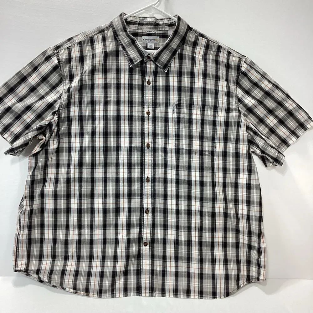 Carhartt Men's Plaid Shirt Button Front Short Sleeve Relaxed Fit Gray White 4X
